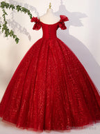 Red Tulle Long A-Line Ball Gown, Red Off Shoulder Formal Dress