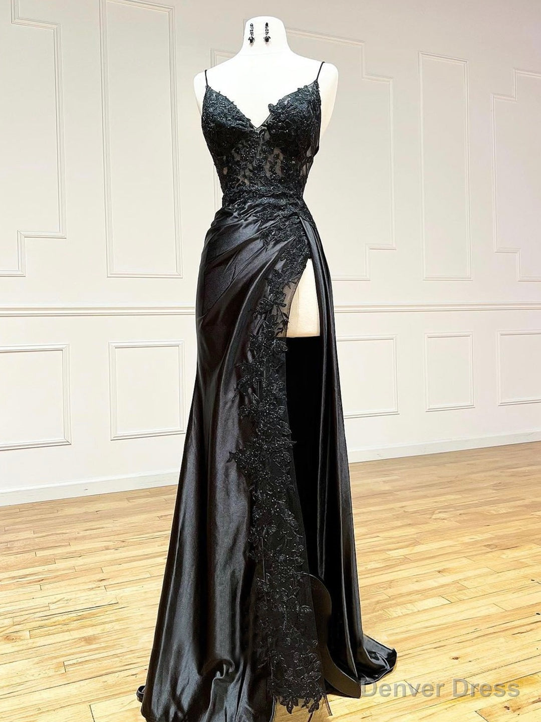 Black V-Neck Satin Lace Long Prom Dress, Black Spaghetti Strap Evening Dress with Slit Main image
