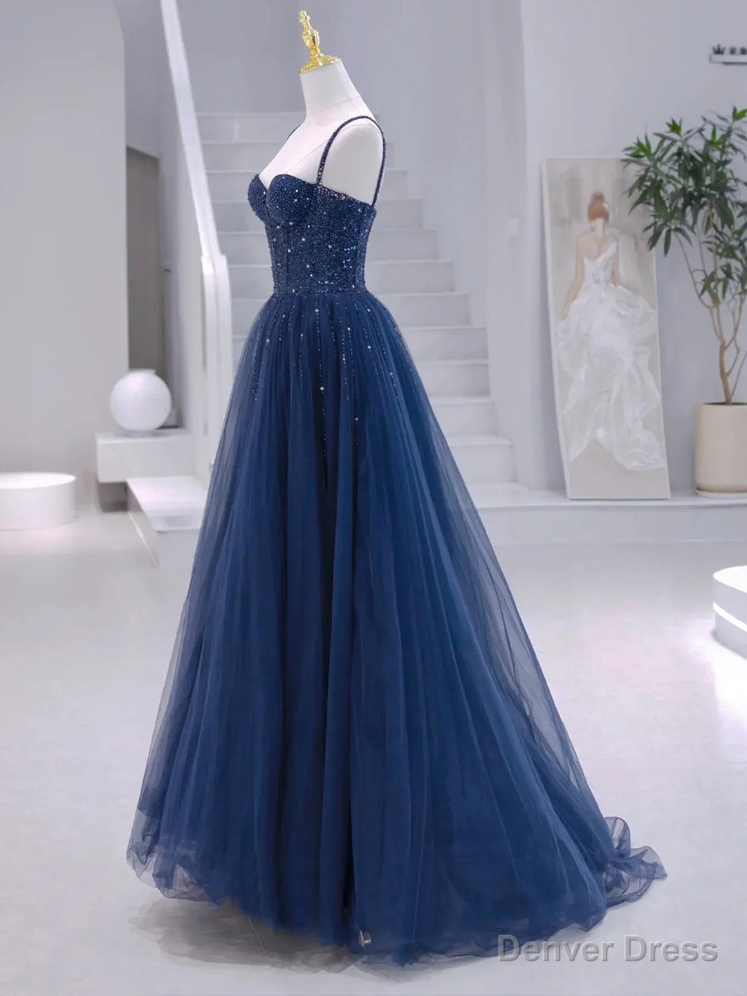 Blue Tulle Beaded Long Formal Dress, Blue Evening Dress Secondary image