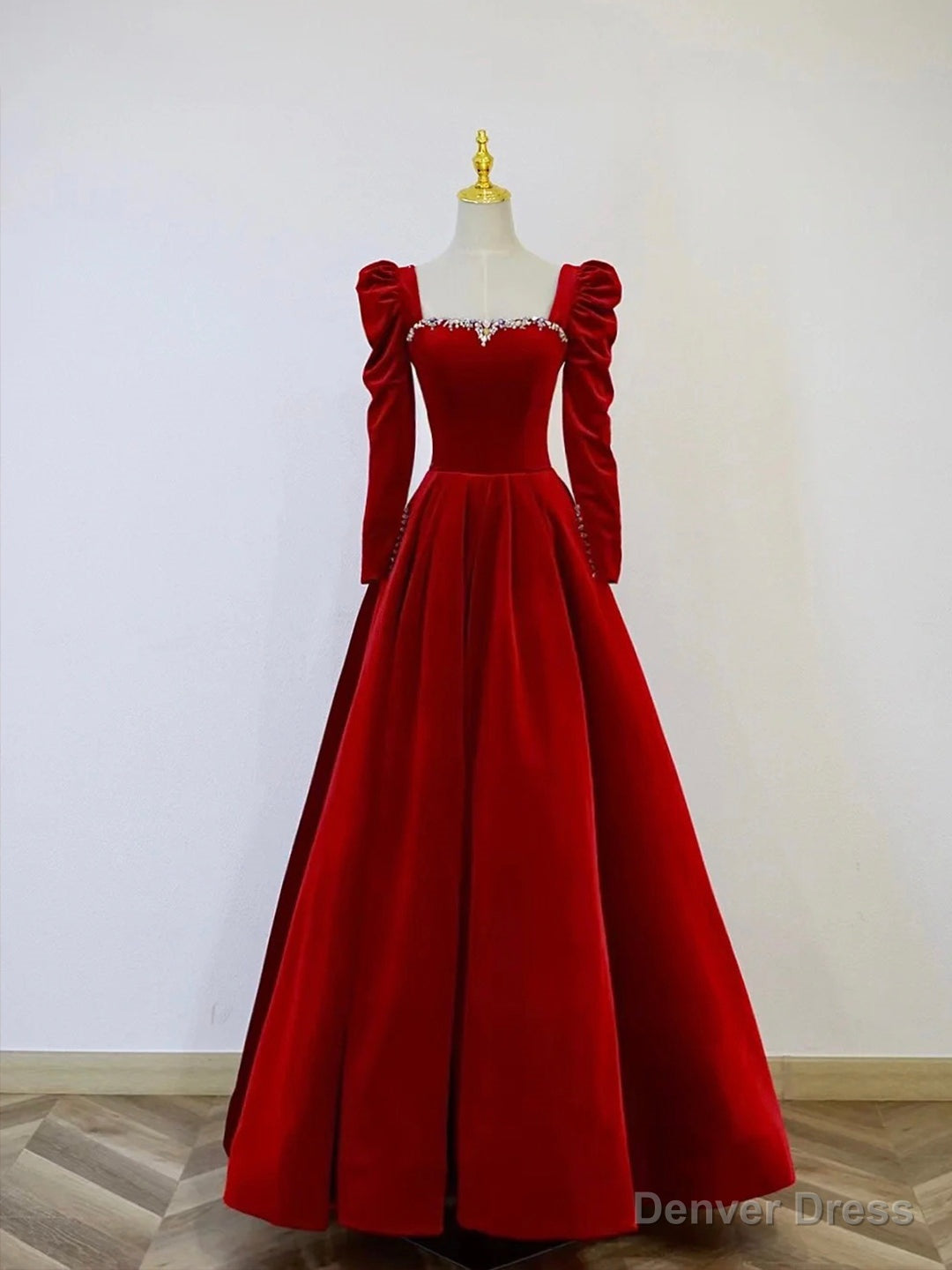 A-Line Long Sleeve Velvet Floor Length Prom Dress, Burgundy Formal Evening Dress Main image