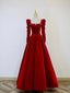 A-Line Long Sleeve Velvet Floor Length Prom Dress, Burgundy Formal Evening Dress