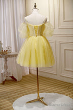 Yellow Lace Short Prom Dress, Off the Shoulder Homecoming Dresses