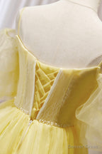 Yellow Lace Short Prom Dress, Off the Shoulder Homecoming Dress