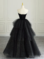 Black Strapless Tulle Formal Dress with Velvet, A-Line Sweetheart Neck Long Prom Dress
