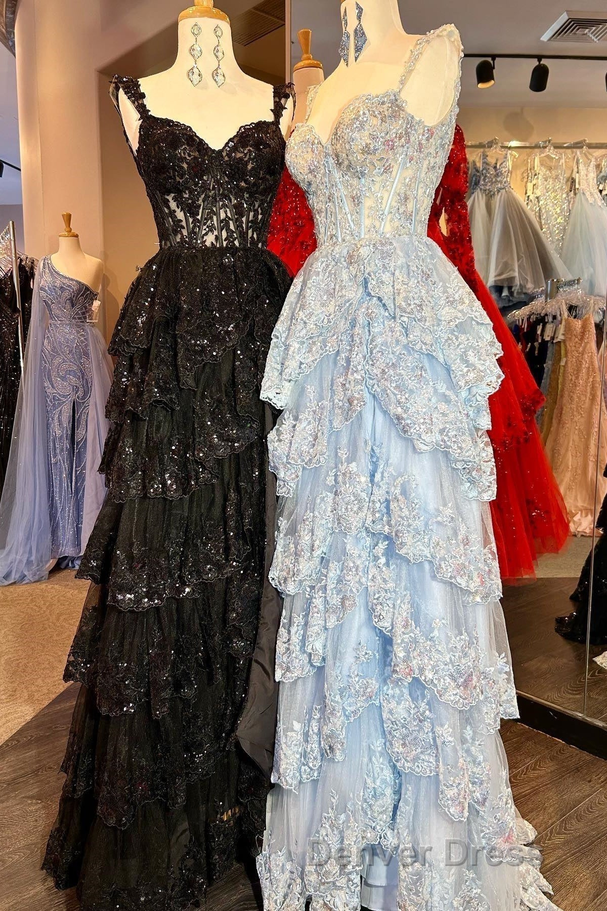 Off the Shoulder Light Blue Appliques Tiered Prom Gowns
