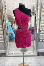 Fuchsia One Shoulder Sequins Lace-Up Sheath Homecoming Dress with Tassels