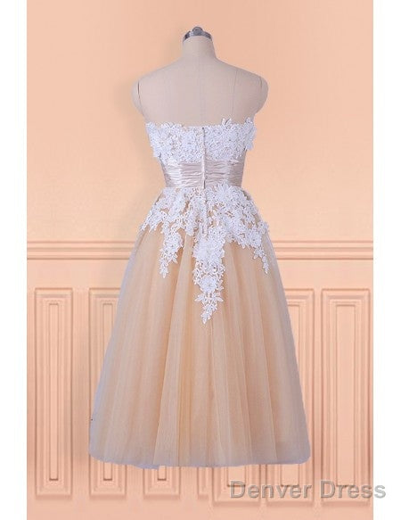 Lace Appliques Champagne Strapless Tea Length Wedding Dresses Secondary image