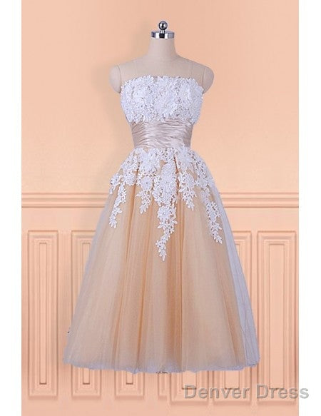 Lace Appliques Champagne Strapless Tea Length Wedding Dress Main image