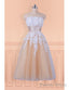 Lace Appliques Champagne Strapless Tea Length Wedding Dress