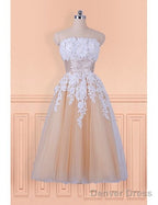 Lace Appliques Champagne Strapless Tea Length Wedding Dresses