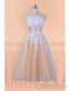 Lace Appliques Champagne Strapless Tea Length Wedding Dresses