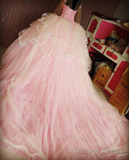Lace Appliques High Neck Long Sleeves Ball Gowns Wedding Dresses Pink