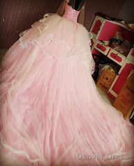 Lace Appliques High Neck Long Sleeves Ball Gowns Wedding Dresses Pink