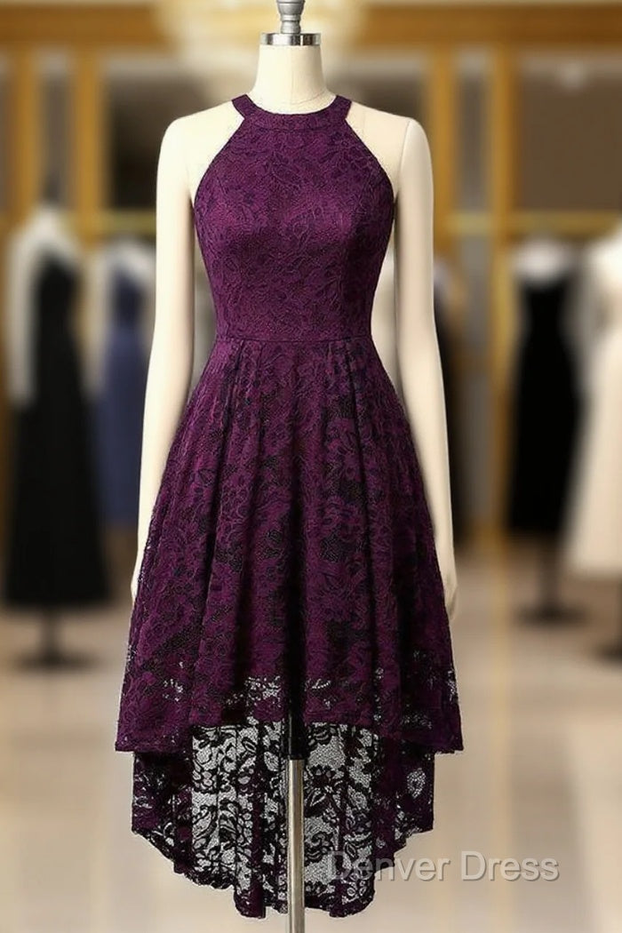 Lace Asymmetrical Halter Grape Lace Homecoming Dresses Main image