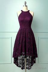 Lace Asymmetrical Halter Grape Lace Homecoming Dress