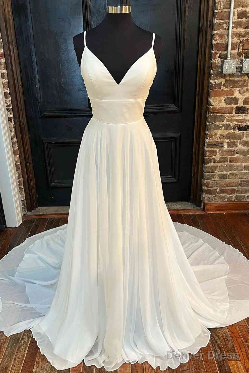 Lace Back White V Neck A Line Long Bridal Dress Chiffon Wedding Dresses