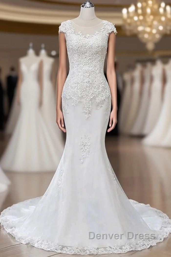 Lace Beaded Cap Sleeve Trumpet Wedding Dresses Main image