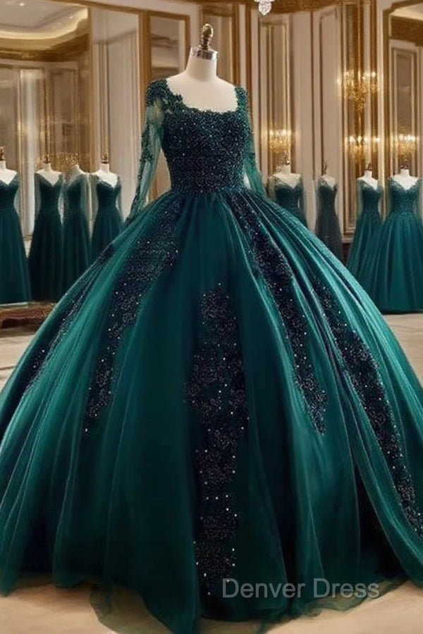 Lace Beaded Green Ball Gown Quinceanera Dresses Long Sleeves Graduation Dresses Main image