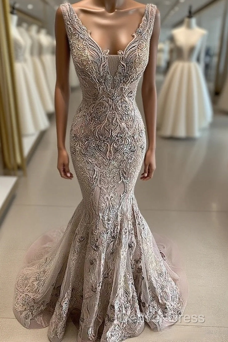 Lace Beaded Sexy African Dubai Evening Dresses Mermaid Backless Prom Dresses Deep V-Neck Formal Party Bridesmaid Pageant Gowns Main image