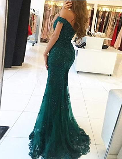 Lace Beaded Tulle Maxi Prom Dress Off The Shoulder Mermaid Prom Dresses Secondary image