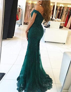 Lace Beaded Tulle Maxi Prom Dress Off The Shoulder Mermaid Prom Dresses