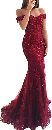 Lace Beaded Tulle Maxi Prom Dress Off The Shoulder Mermaid Prom Dresses