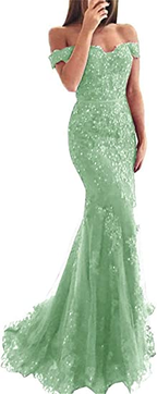 Lace Beaded Tulle Maxi Prom Dress Off The Shoulder Mermaid Prom Dresses