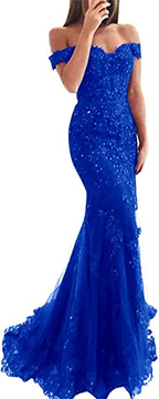 Lace Beaded Tulle Maxi Prom Dress Off The Shoulder Mermaid Prom Dresses