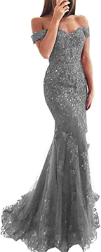 Lace Beaded Tulle Maxi Prom Dress Off The Shoulder Mermaid Prom Dresses