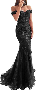 Lace Beaded Tulle Maxi Prom Dress Off The Shoulder Mermaid Prom Dresses
