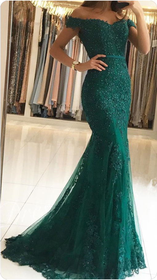 Lace Beaded Tulle Maxi Prom Dress Off The Shoulder Mermaid Prom Dresses Main image