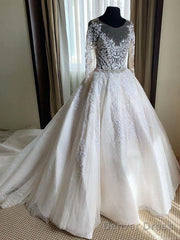 Lace Beaded Vintage Wedding Dresses Long Sleeves Sheer Neck Bridal Dresses Crystals Wedding Gowns Prom Dress