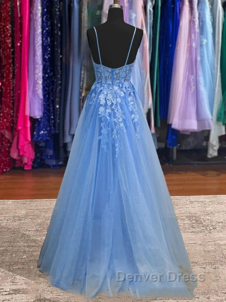 Lace Blue Prom Dresses V Neck Long Formal Dresses Open Back Secondary image