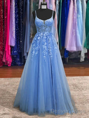 Lace Blue Prom Dresses V Neck Long Formal Dresses Open Back