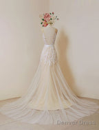 Lace Boho Wedding Dress Fleshcolor Tulle Bridal Gown Backless A-Line Court Train Beach Wedding Dress With Detachable Satin Sash