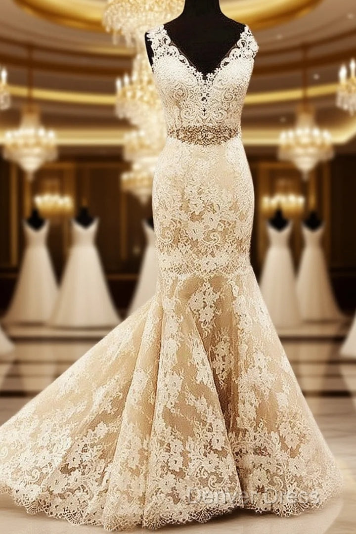 Lace Cap Sleeves Mermaid Wedding Dresses V Neck With Sashes