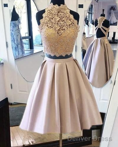 Lace Crop Satin Skirt Two Piece Homecoming Dress