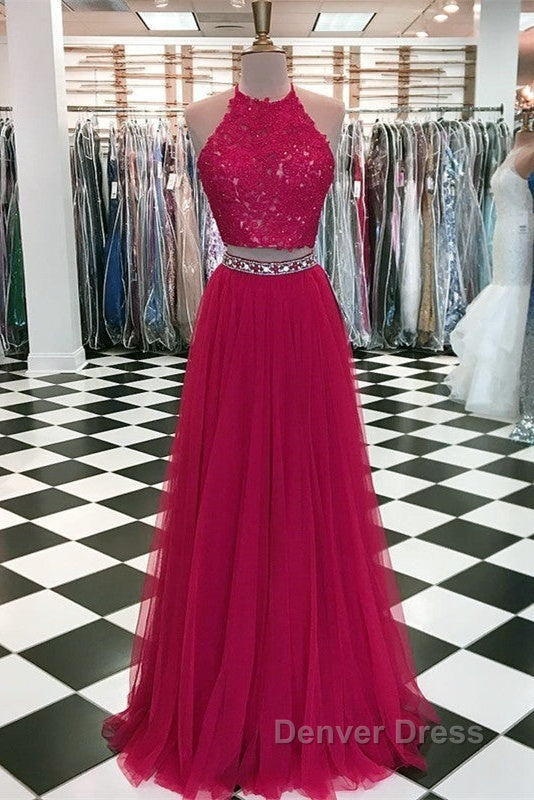 Lace Crop Top Tulle Prom Dresses Two Piece Evening Gowns Beaded Sashes