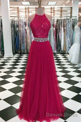 Lace Crop Top Tulle Prom Dresses Two Piece Evening Gowns Beaded Sashes