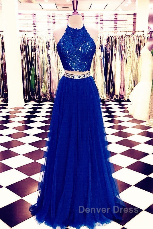 Lace Crop Top Tulle Prom Dresses Two Piece Evening Gowns Beaded Sashes