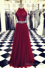 Lace Crop Top Tulle Prom Dresses Two Piece Evening Gowns Beaded Sashes