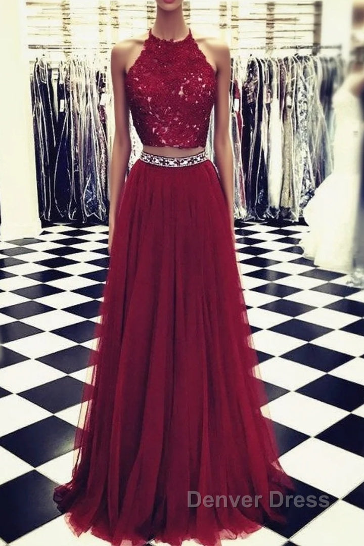 Lace Crop Top Tulle Prom Dresses Two Piece Evening Gowns Beaded Sashes Main image