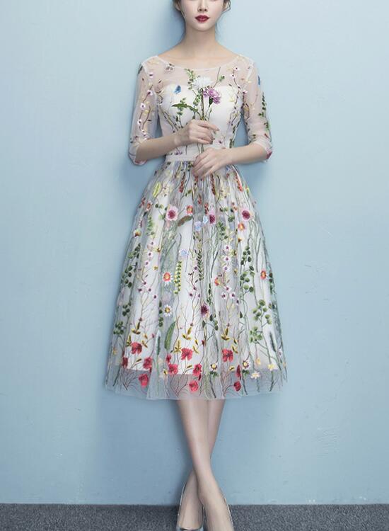 Lace Floral Elegant 1/2 Sleeves Knee Length Round Neckline Prom Dress, Homecoming Dress , Prom Dresses Secondary image