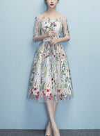 Lace Floral Elegant 1/2 Sleeves Knee Length Round Neckline Prom Dress, Homecoming Dress , Prom Dresses