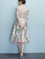 Lace Floral Elegant 1/2 Sleeves Knee Length Round Neckline Prom Dress, Homecoming Dress , Prom Dresses