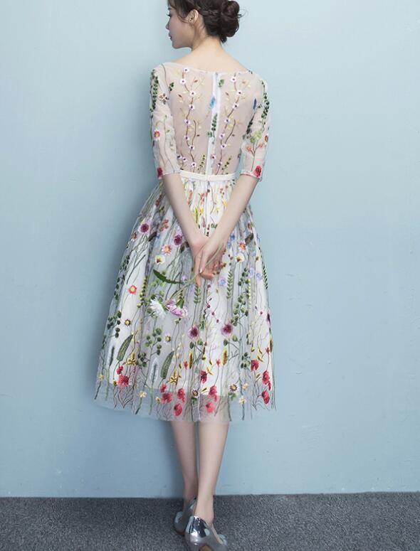 Lace Floral Elegant 1/2 Sleeves Knee Length Round Neckline Prom Dress, Homecoming Dress , Prom Dresses