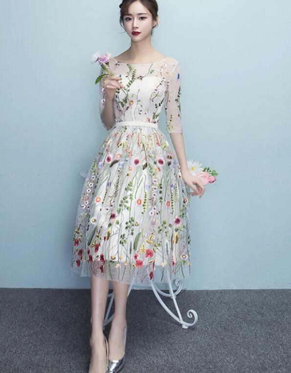 Lace Floral Elegant 1/2 Sleeves Knee Length Round Neckline Prom Dress, Homecoming Dress , Prom Dresses Main image