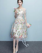 Lace Floral Elegant 1/2 Sleeves Knee Length Round Neckline Prom Dress, Homecoming Dress , Prom Dresses