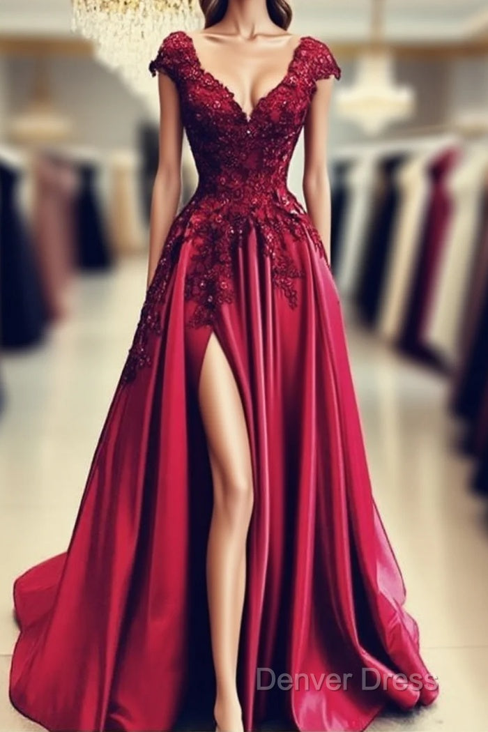 Lace Flowers Beaded Cap Sleeves V-Neck Prom Dresses Split Evening Gowns Main image