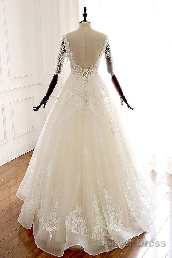 Lace Half Sleeve Long White V Neck Tulle Wedding Dress Secondary image